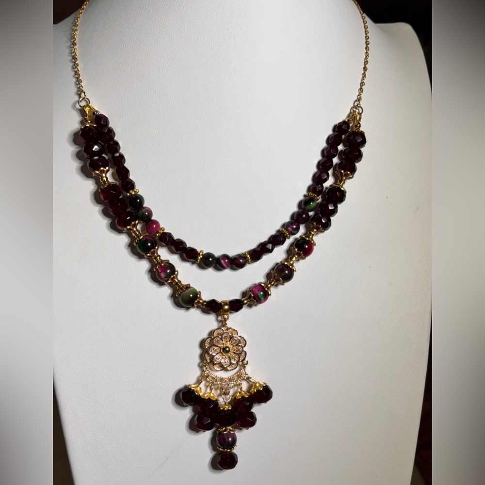 Handcrafted Hot Pink Tiger Eye with Red Green and Gold Floral Accents 18 inches